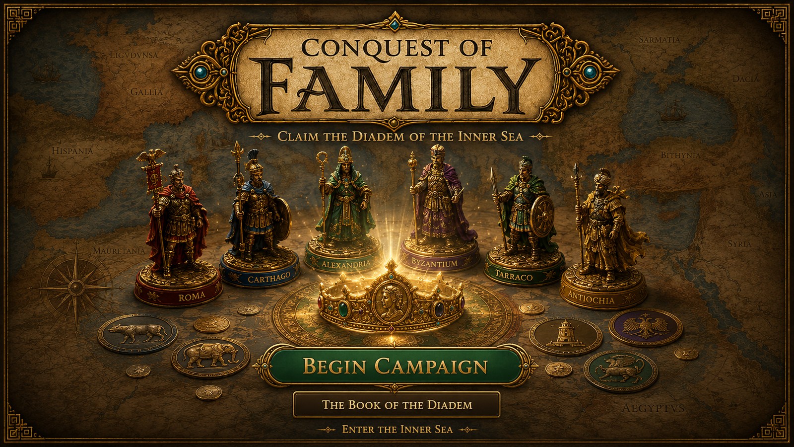 Conquest of Family title screen: six royal houses gathered around the golden diadem on a painted map