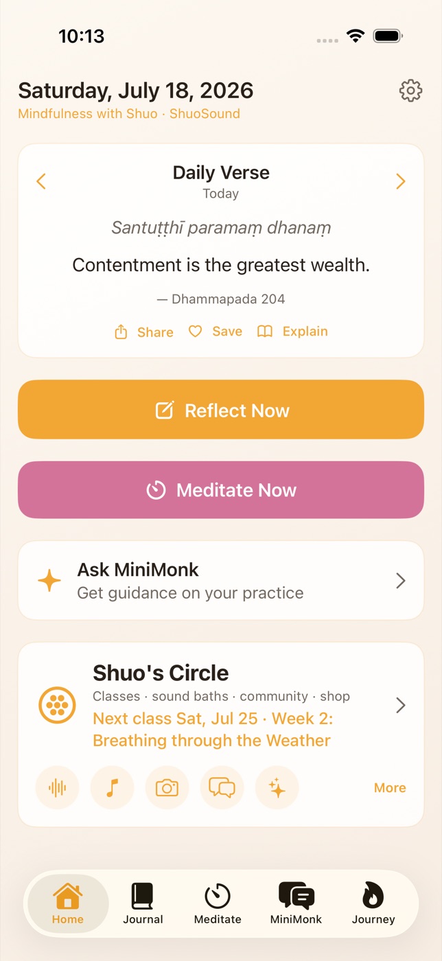 Home screen with daily verse and Shuo's Circle card