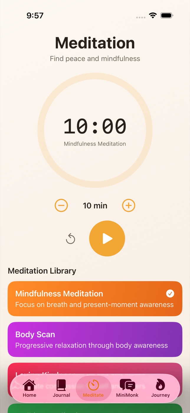 Meditation timer with practice library