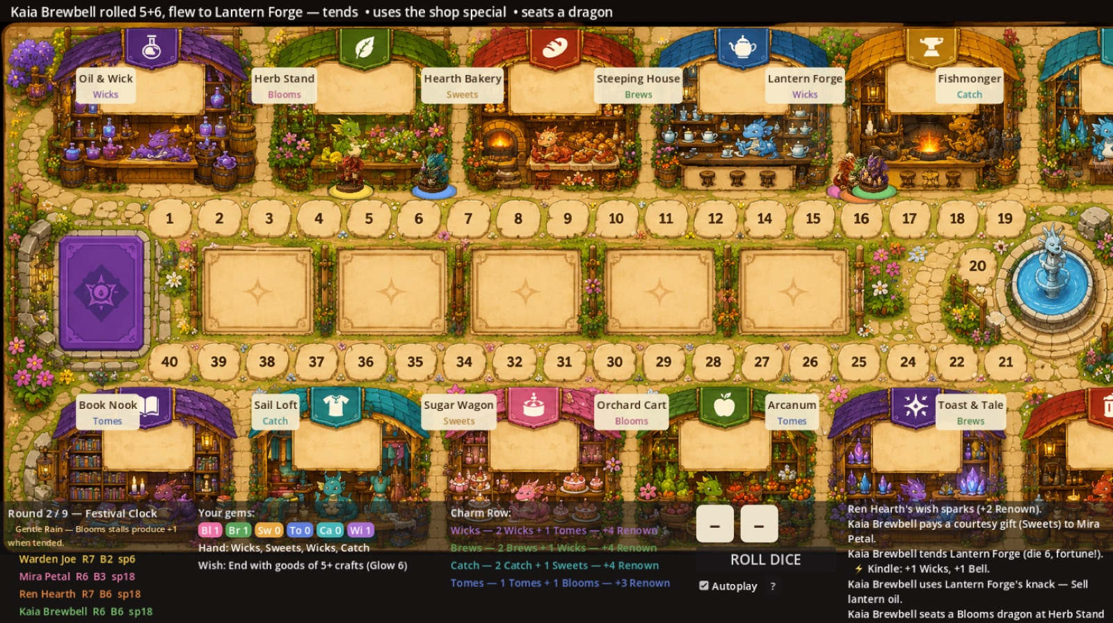 Mid-game: courier dragons seated at market stalls while the charm row offers renown combinations